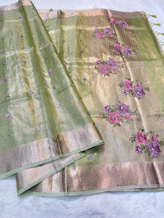 Pista green shade kota tissue kota designer embroidery handwork premium Banarasi saree