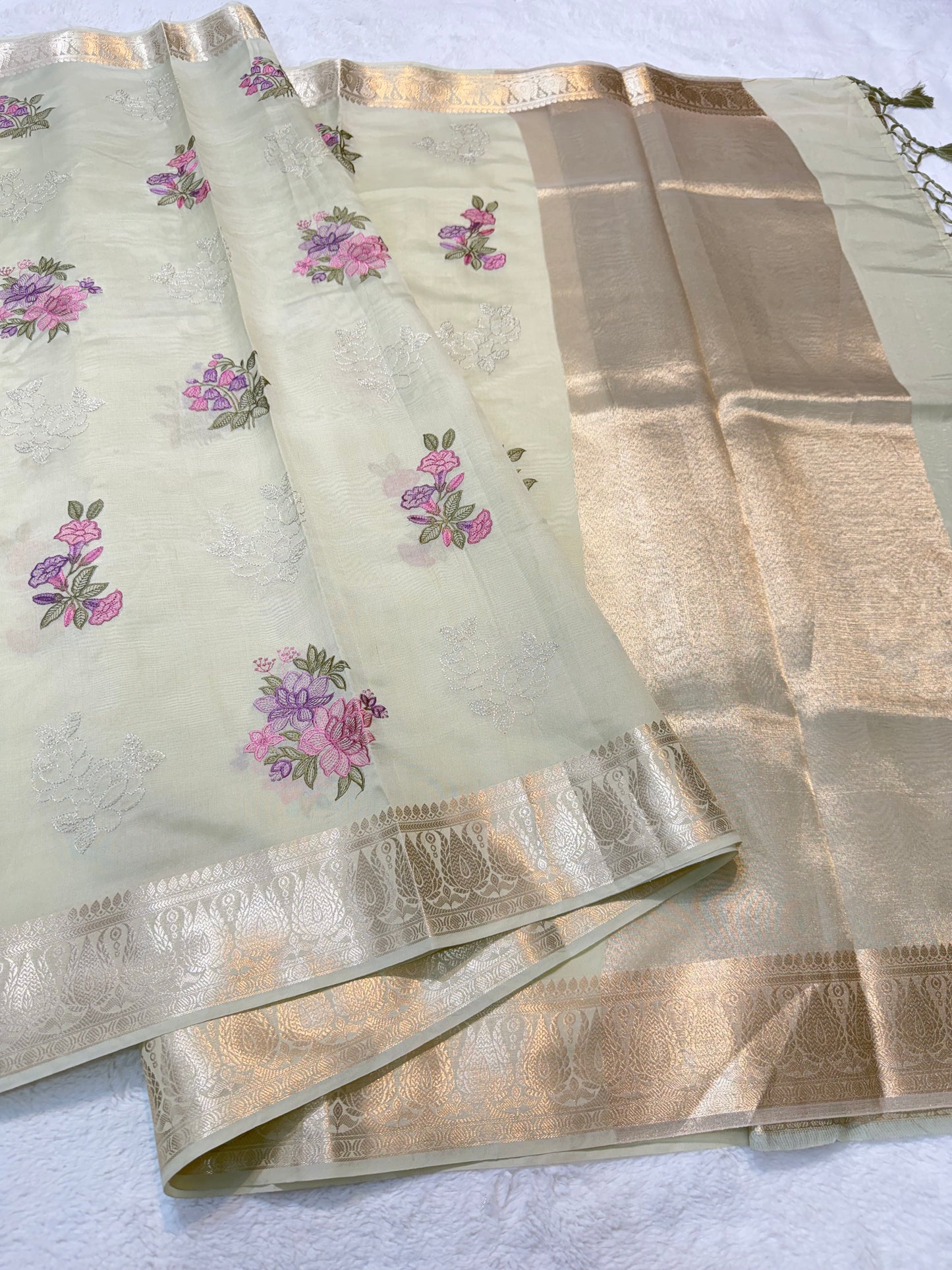 Pista green shade soft silk designer  premium embroidery Banarasi saree