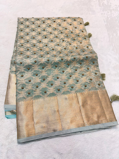 Sea green tissue kota designer handwork premium Banarasi saree