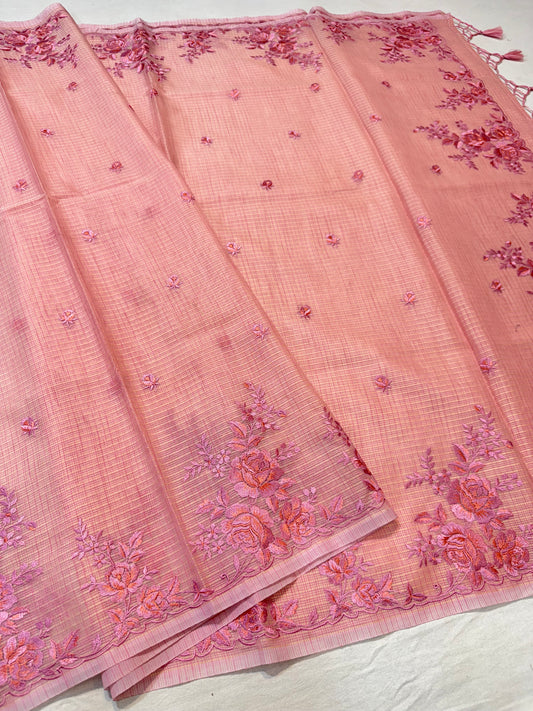 Dusty pink shade kota designer embroidery premium Banarasi saree