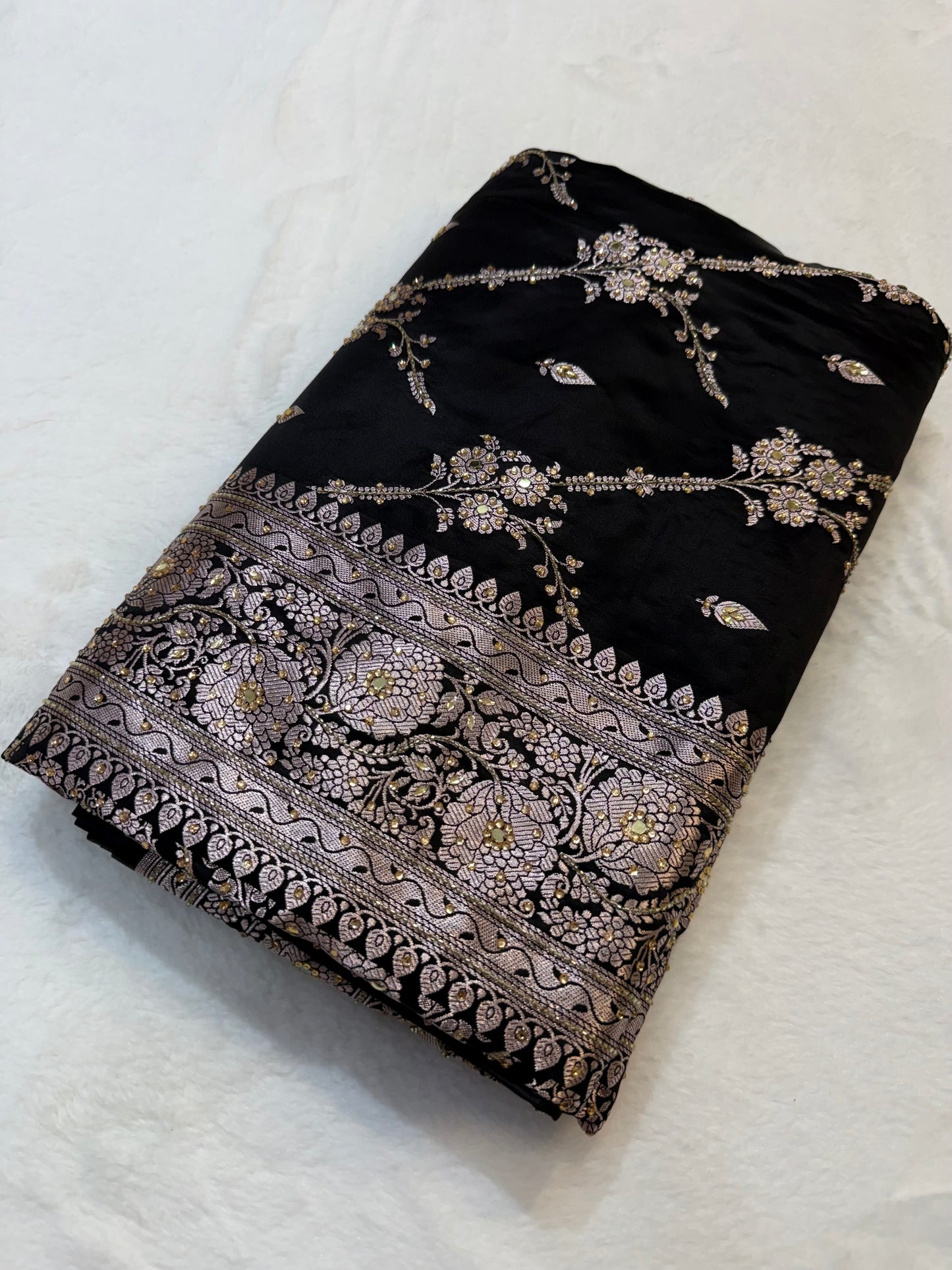 Black shade Bridal Mashru ari & stone Silk Banarasi Saree