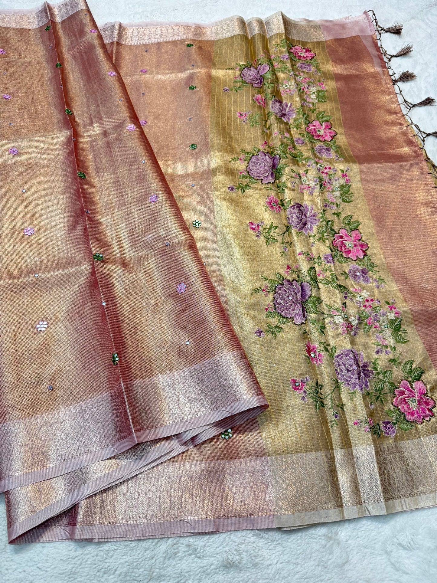 Rose gold shade kota tissue kota designer embroidery handwork premium Banarasi saree