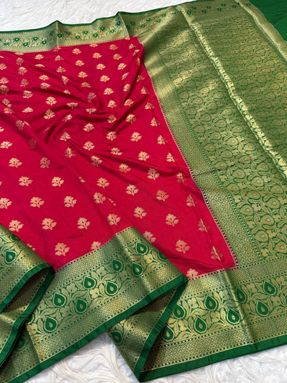 Red bottel green shade Dupion Silk premium Banarasi Saree