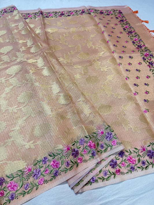 Peach shade tissue kota designer embroidery premium Banarasi saree