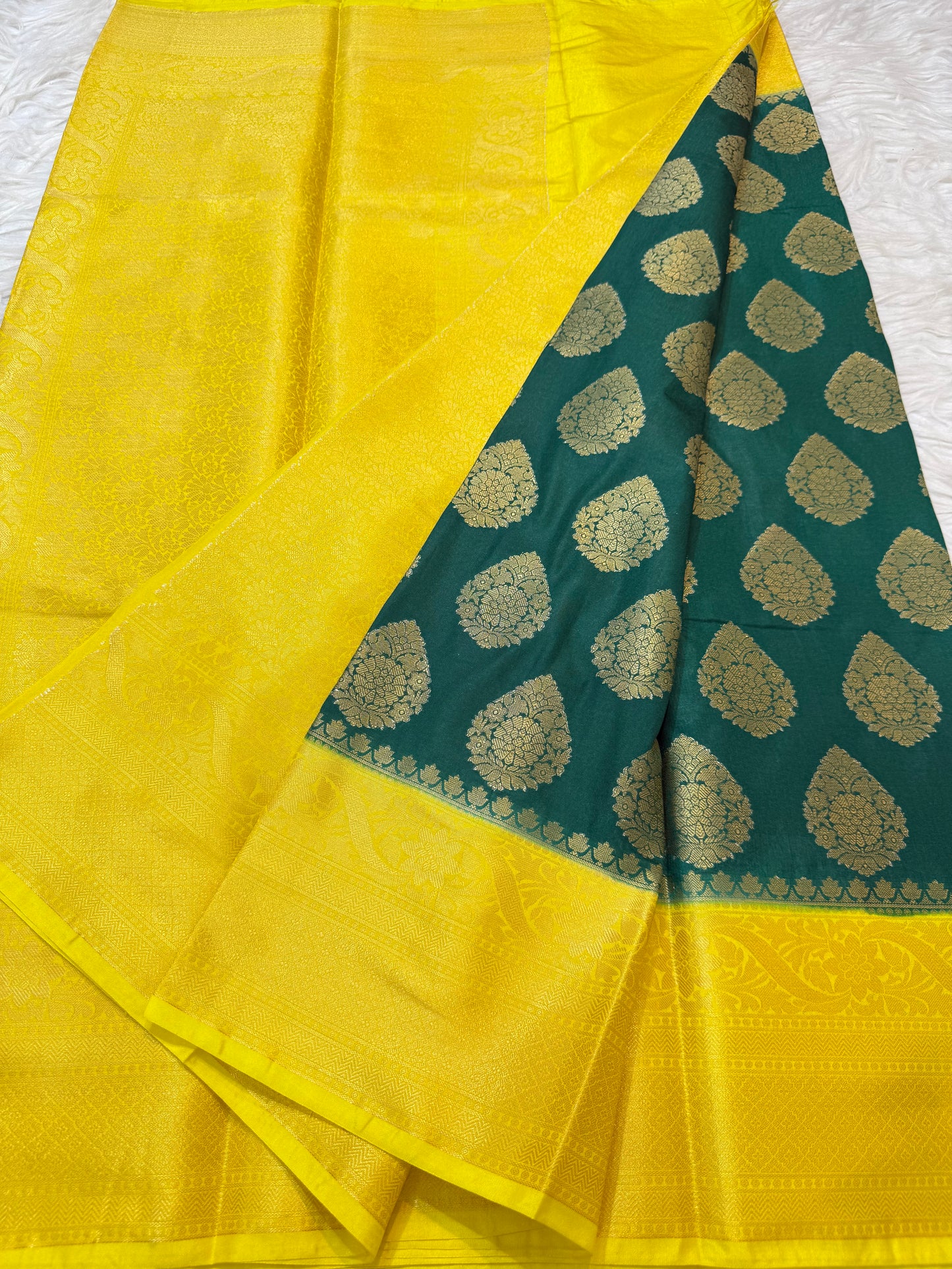 Bottle green & yellow shade Dupion Silk Banarasi Saree 