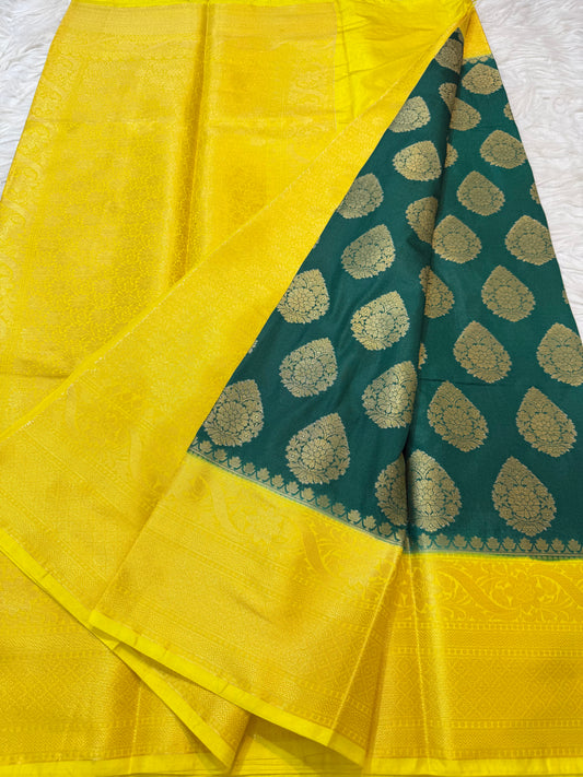 Bottle green & yellow shade Dupion Silk Banarasi Saree 