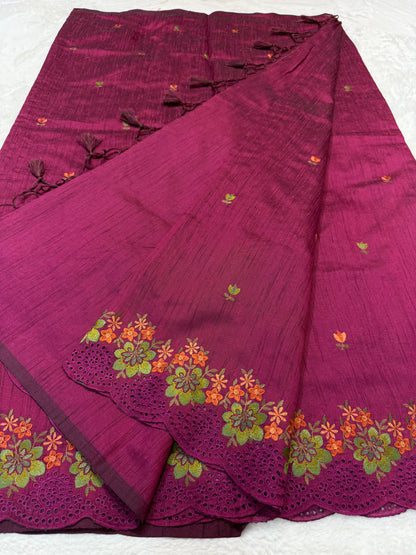 Royal pink shade premium tussee designer embroidery Banarasi saree