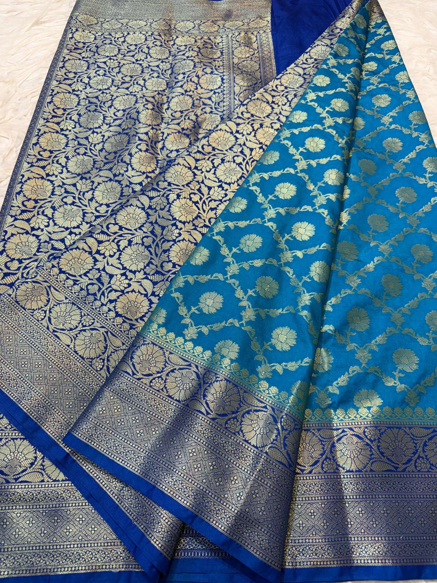 Powder blue royal blue shade  Dupion Silk premium Banarasi Saree
