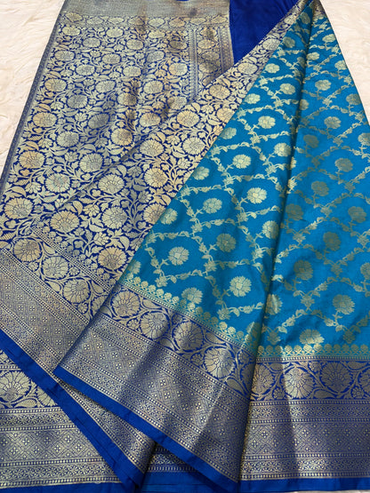 Powder blue royal blue shade  Dupion Silk premium Banarasi Saree
