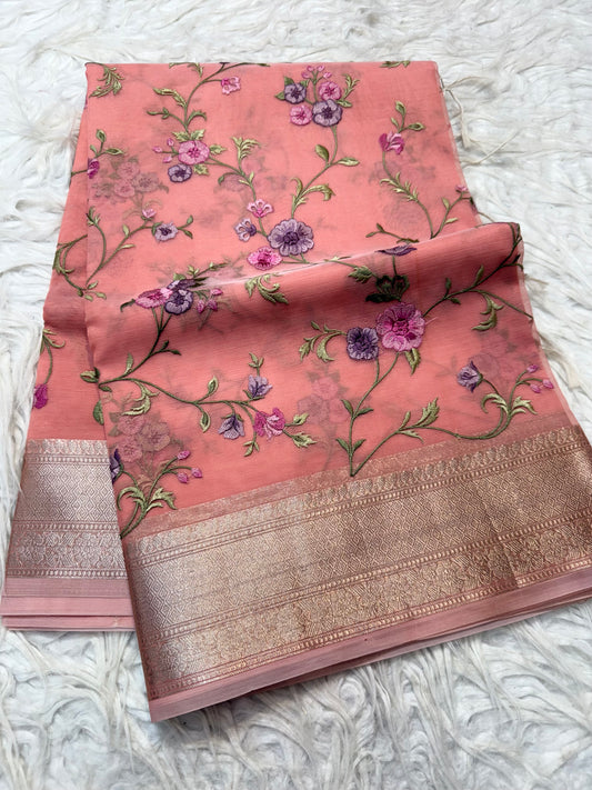 Peach  shade organza embroidery Banarasi saree