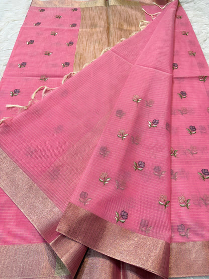 Pink shade cotton kota embroidery Banarasi saree