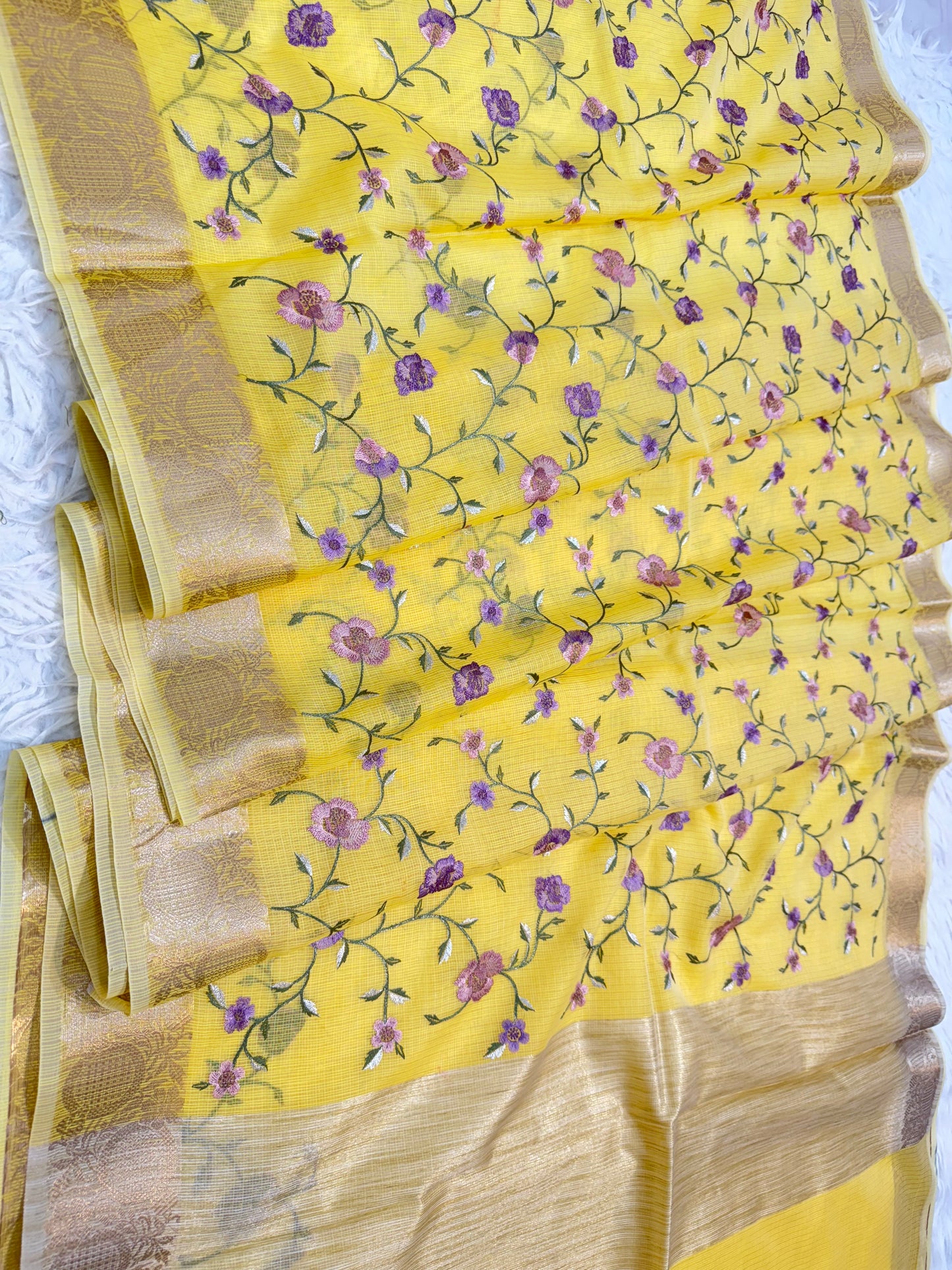 Yellow shade cotton kota embroidery Banarasi saree
