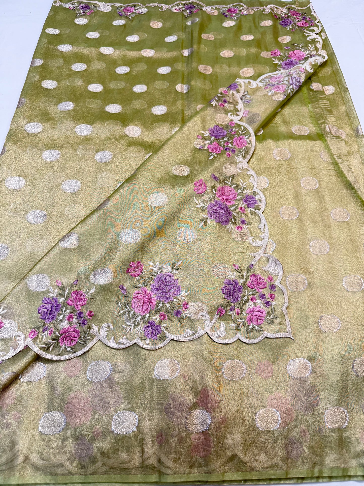 Pista green tissue cutwork embroidery premium designer Banarasi saree