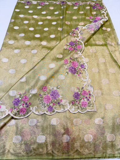 Pista green tissue cutwork embroidery premium designer Banarasi saree