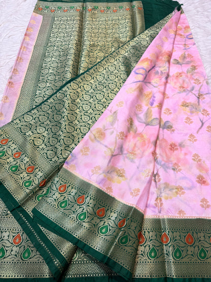 Pink & multicolour Dupion silk digital print Banarasi saree