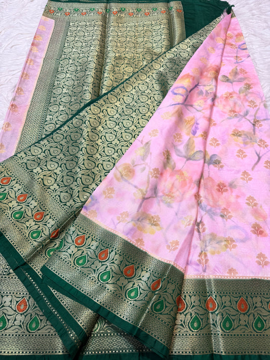 Pink & multicolour Dupion silk digital print Banarasi saree