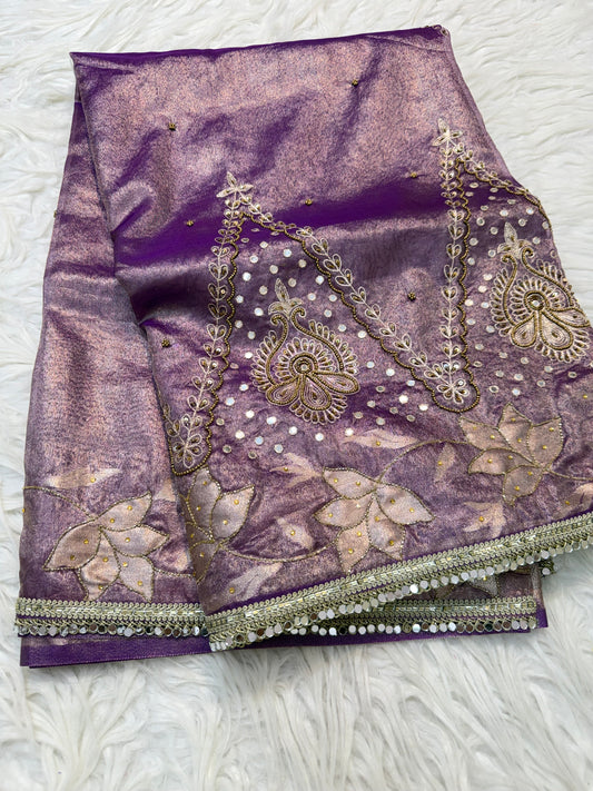 Purple shade tissue ari & zardosi work designer premium Banarasi saree