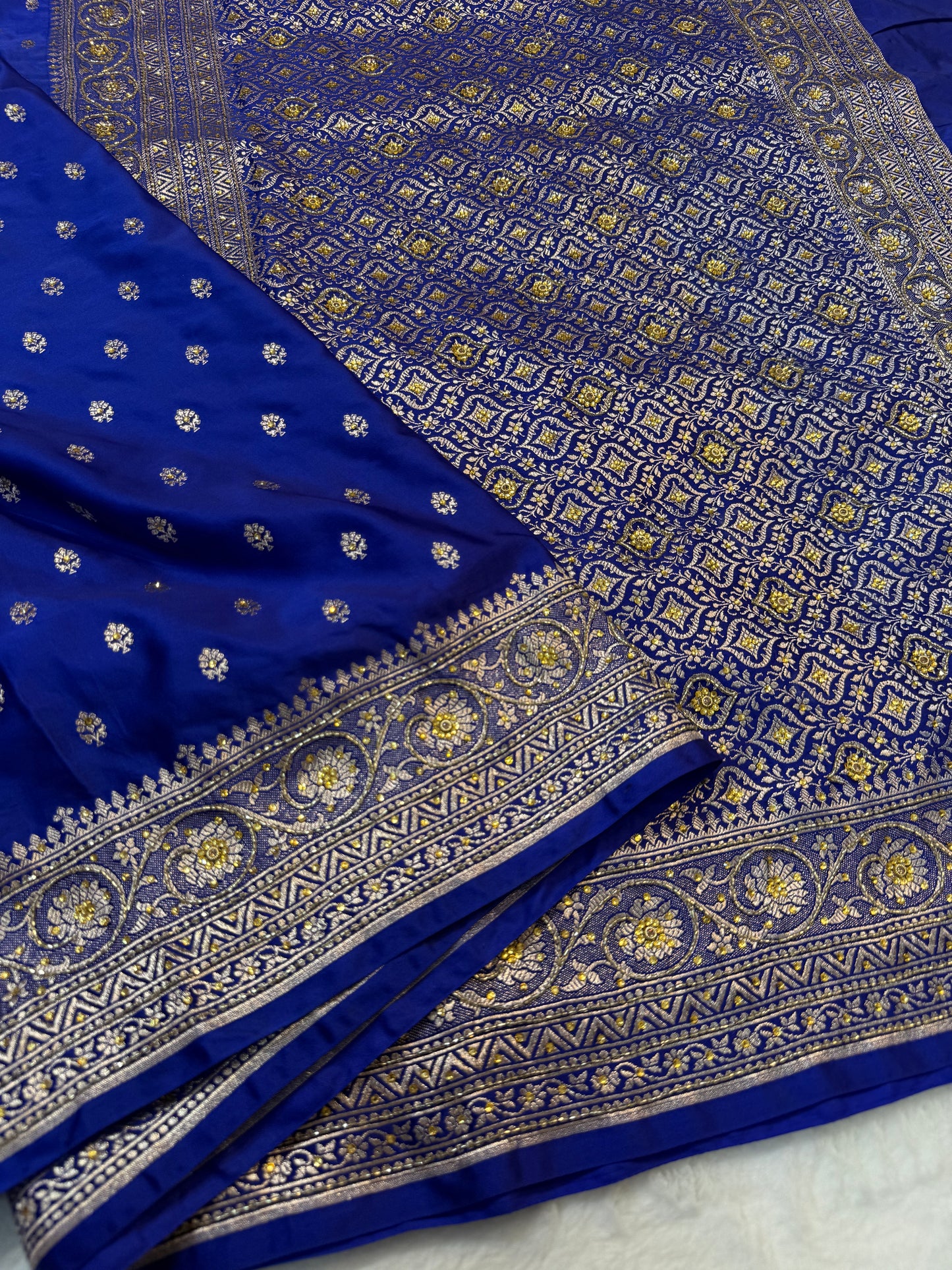 Royal blue shade Bridal Mashru ari & stone Silk Banarasi Saree