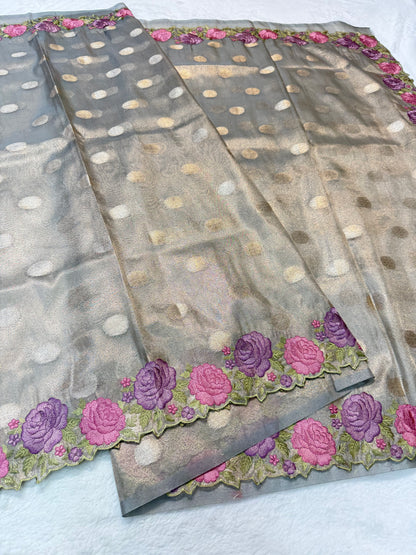 Grey shade tissue cutwork embroidery premium designer Banarasi saree