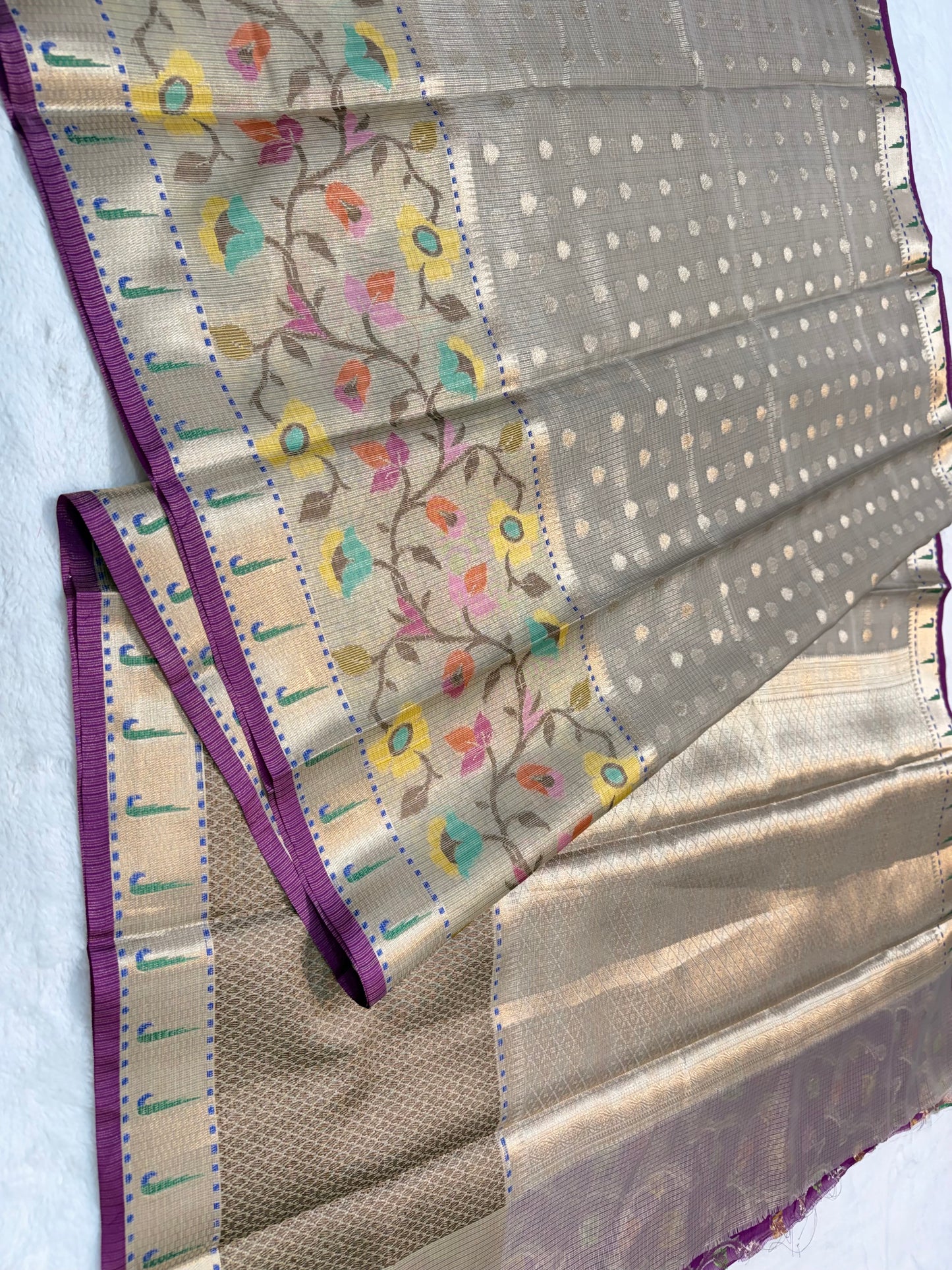 Gray & multicolour shade tissue kota premium paithani border designer banarasi saree