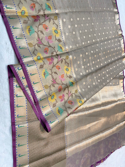 Gray & multicolour shade tissue kota premium paithani border designer banarasi saree