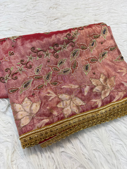 Red shade tissue ari & zardosi work designer premium Banarasi saree