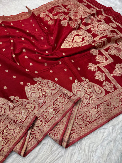 Red Chinon Viscose premium Open Border Pallu Dot Booti Saree