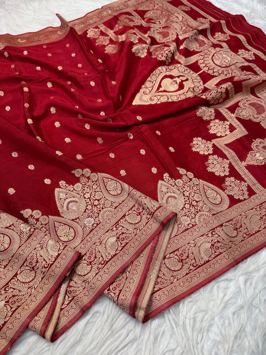 Red Chinon Viscose premium Open Border Pallu Dot Booti Saree