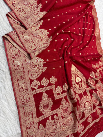 Red Chinon Viscose premium Open Border Pallu Dot Booti Saree