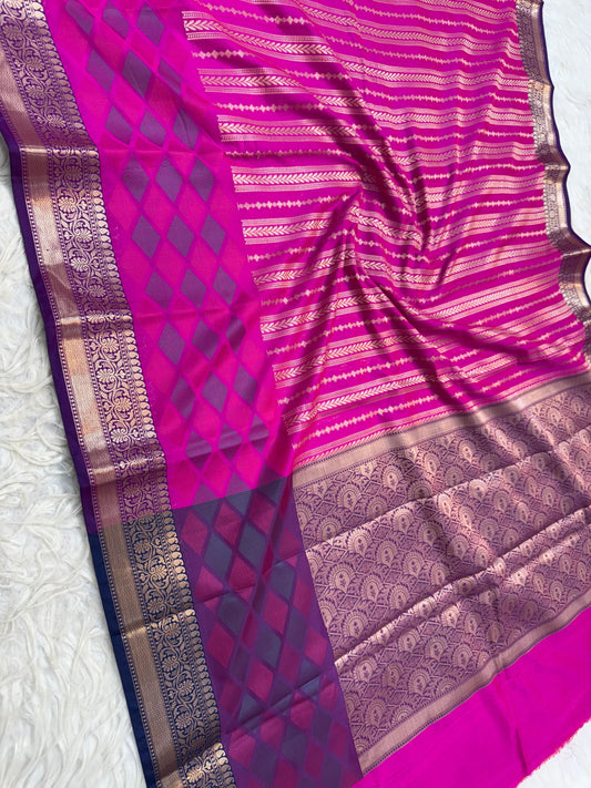Magenta Cotton Silk Skirt Border Stripe Design Banarasi Saree
