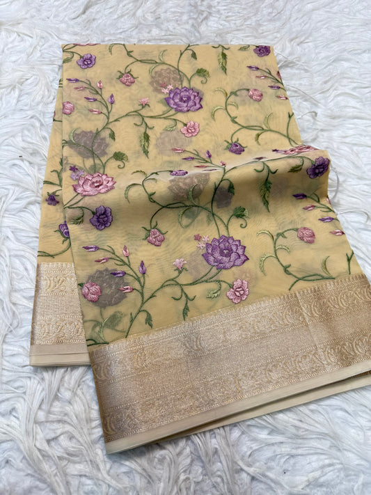 Beige shade organza embroidery Banarasi saree