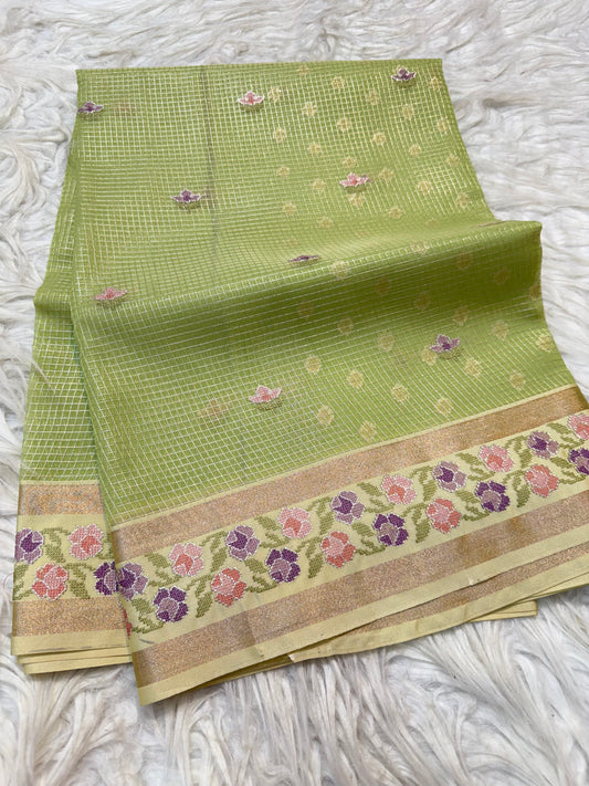 Pista green shade kora organza  embroidery Banarasi saree