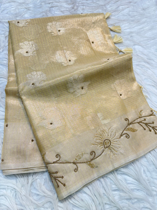 Yellow shade tissue kota designer handwork premium Banarasi saree
