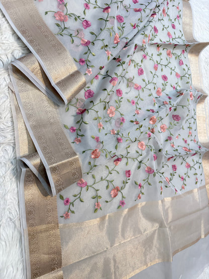 Grey organza embroidery Banarasi saree