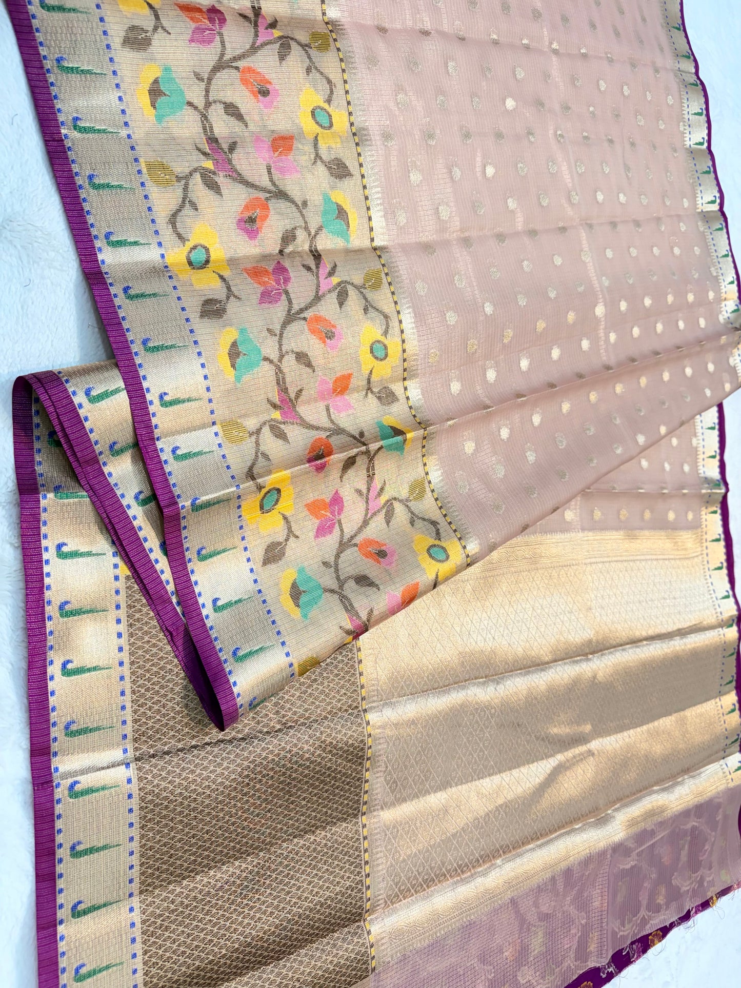 Peach & multicolour shade tissue kota premium paithani border designer banarasi saree