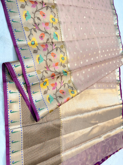 Peach & multicolour shade tissue kota premium paithani border designer banarasi saree