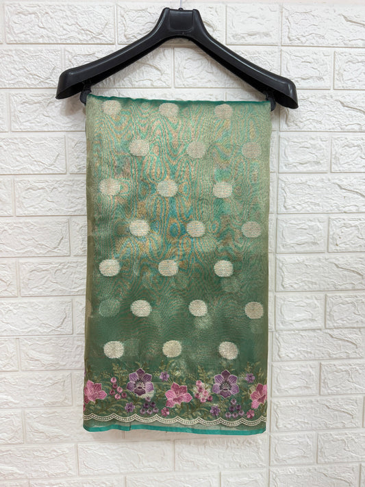 Sea green tissue cutwork embroidery premium designer Banarasi saree