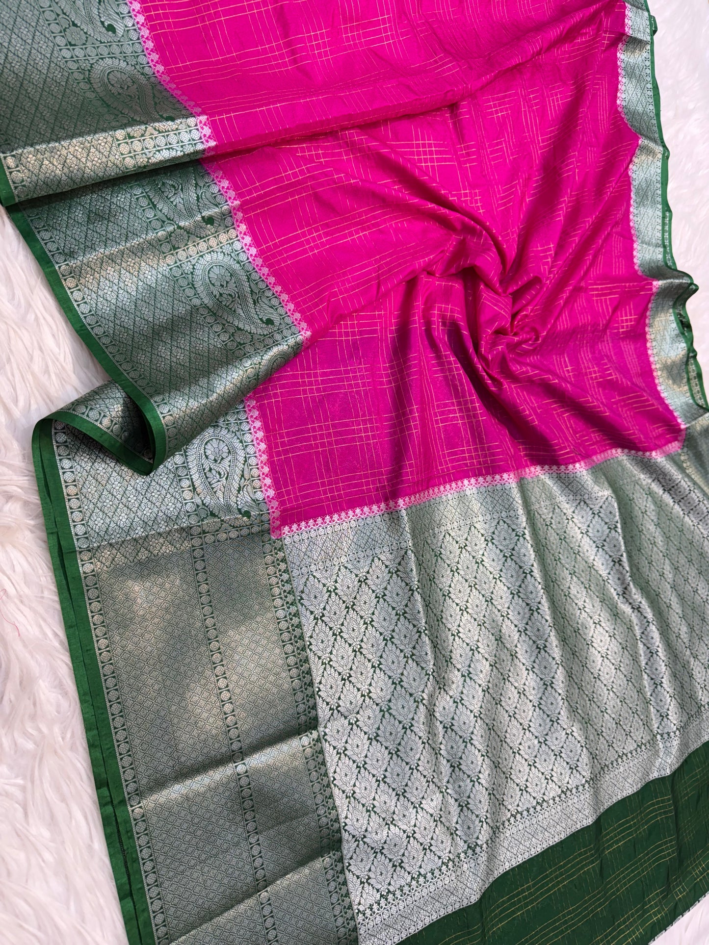 royal pink & bottle green shade  Dupion Silk premium Banarasi Saree