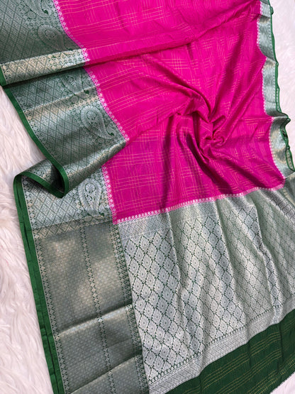 royal pink & bottle green shade  Dupion Silk premium Banarasi Saree