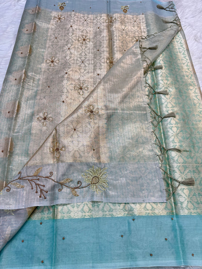 Sea green shade tissue kota designer handwork premium Banarasi saree