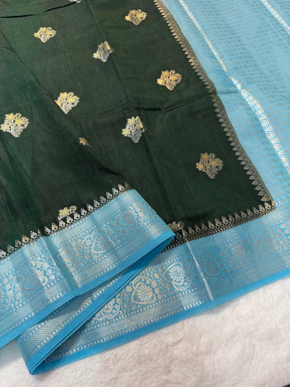 Mehendi & sea green  shade raw mango premium Banarasi saree