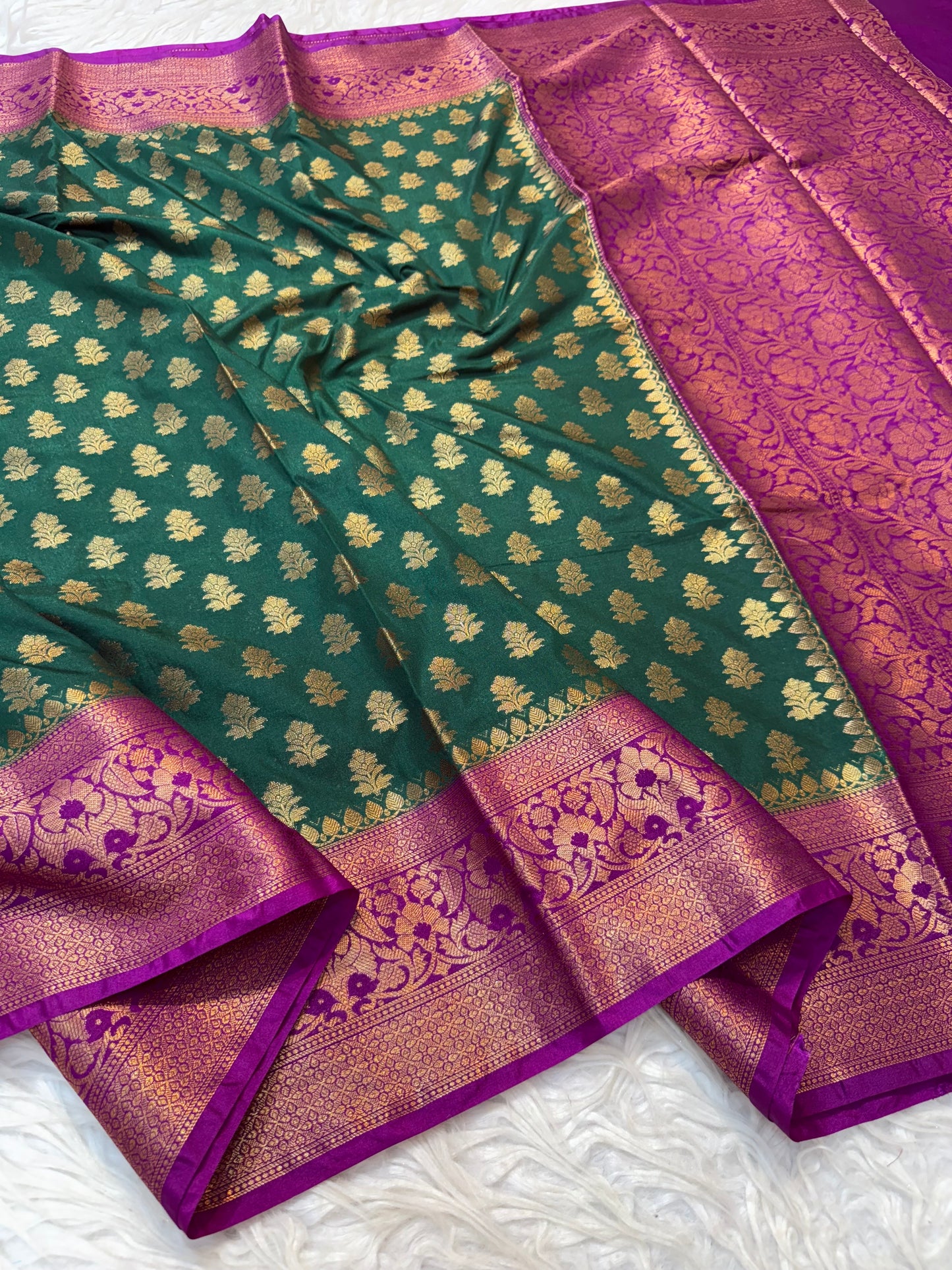 Bottle green & magenta Dupion Silk premium Banarasi Saree