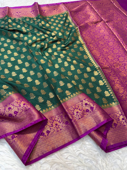 Bottle green & magenta Dupion Silk premium Banarasi Saree
