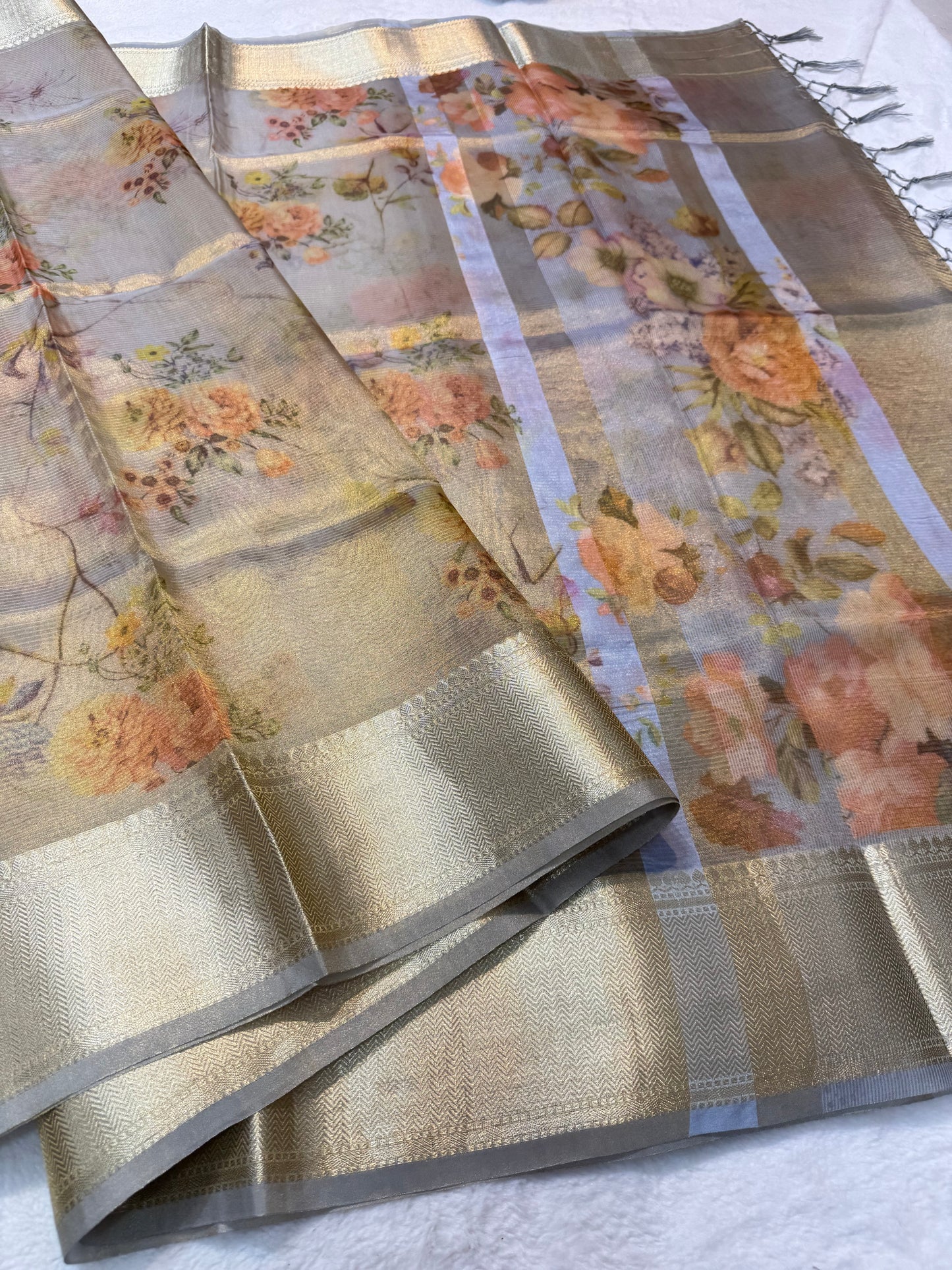multicolour tissue silk digital print handwork premium Banarasi saree
