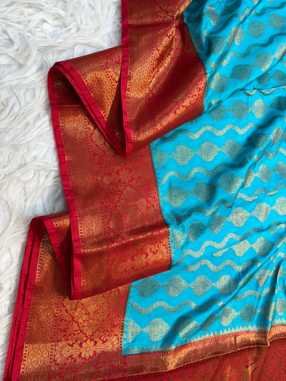 sea green & red shade Dupion Silk Banarasi Saree 