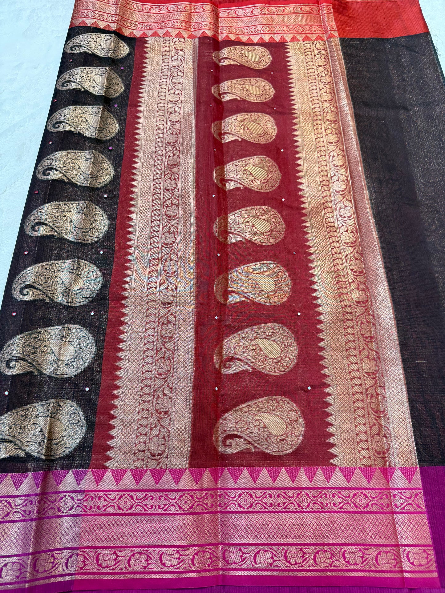 Black royal pink red shade kota mirror work premium Banarasi saree
