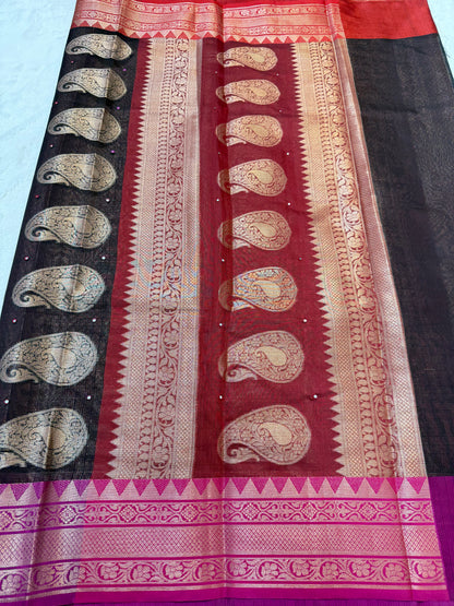 Black royal pink red shade kota mirror work premium Banarasi saree