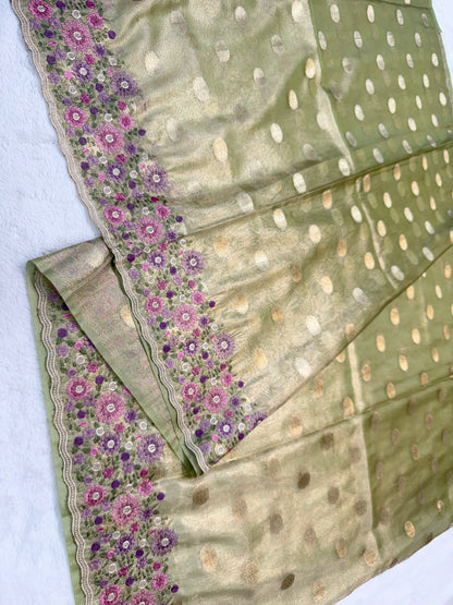 Pista green green shade tissue cutwork embroidery premium designer Banarasi saree