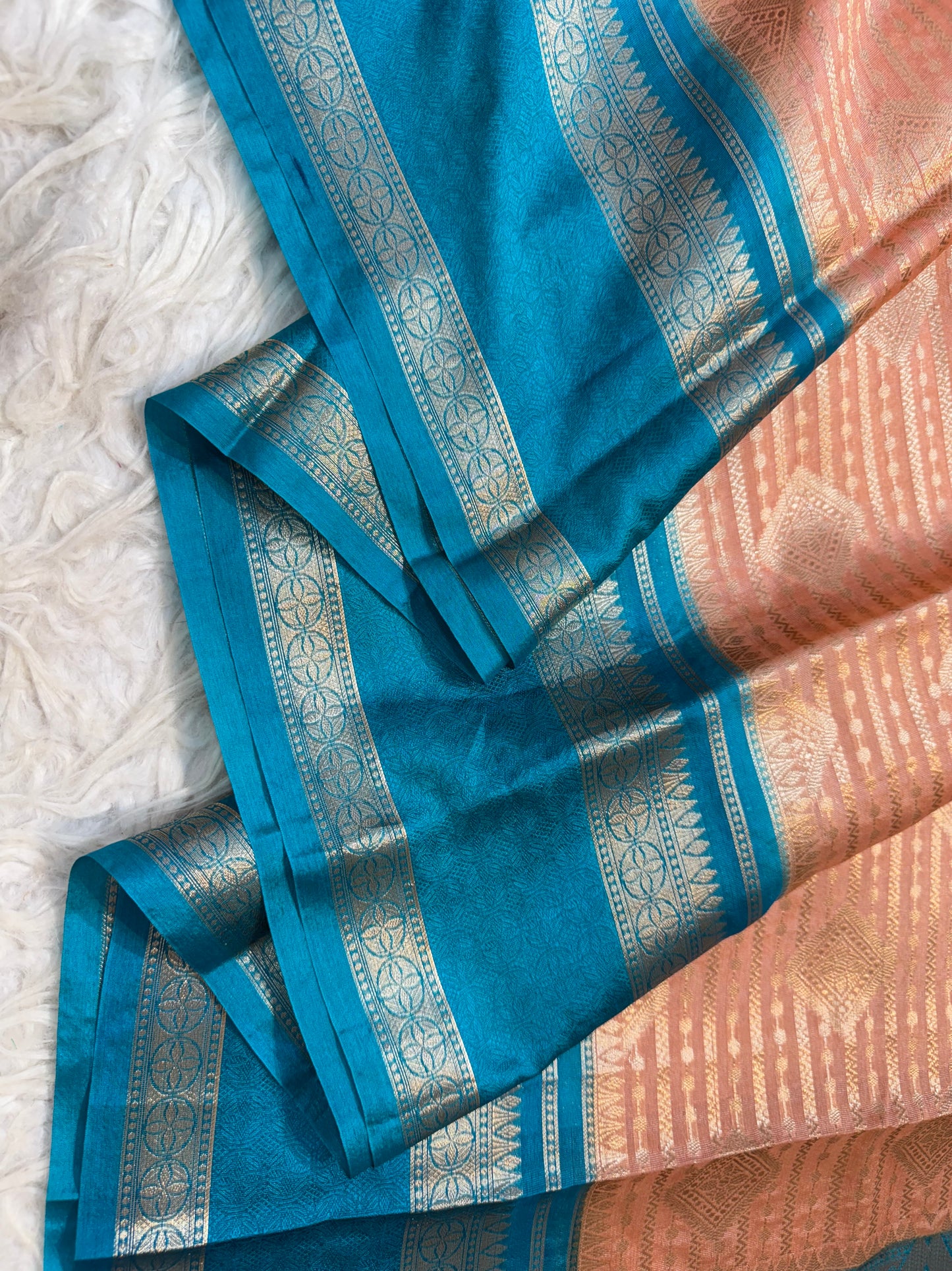 Peach firozi warm silk premium Banarasi saree