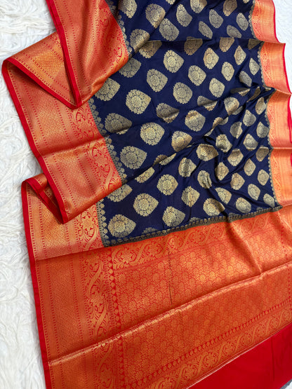 Navy & red shade Dupion Silk Banarasi Saree 